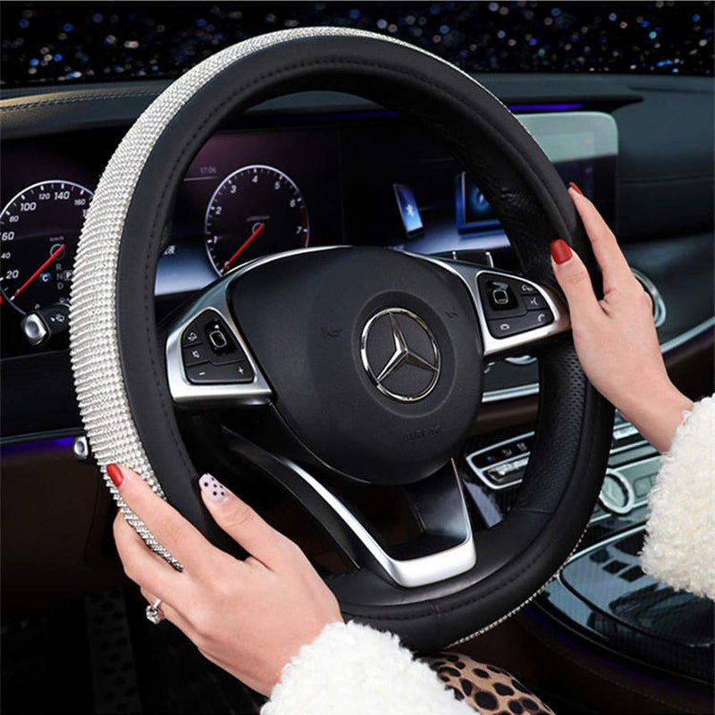  [AUSTRALIA] - KAFEEK Diamond Leather Steering Wheel Cover with Bling Bling Crystal Rhinestones, Universal 15 inch Anti-Slip, Black Microfiber Leather White Diamond.