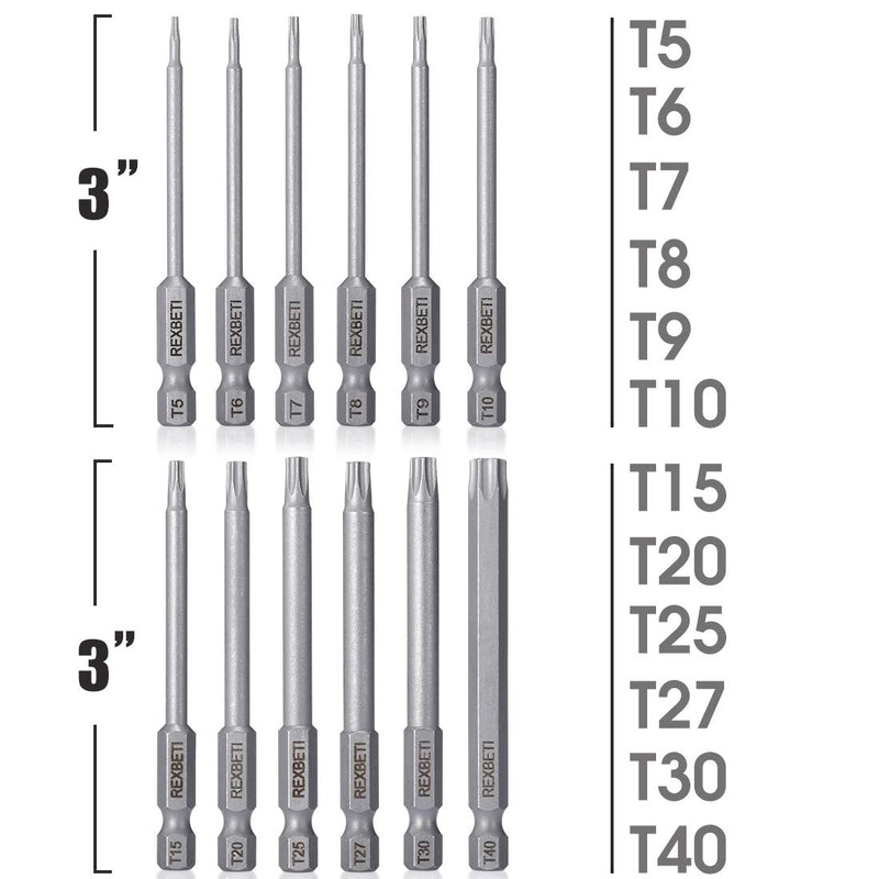  [AUSTRALIA] - REXBETI Torx Head Screwdriver Bit Set, 1/4 Inch Hex Shank S2 Steel Magnetic 3 Inch Long Drill Bits, T5-T40, 12 Piece