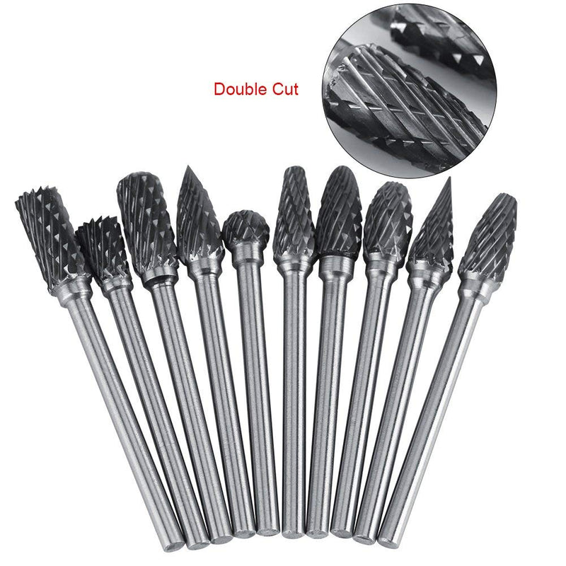 Tungsten Carbide Rotary Burr Set, 10pcs Carbide Steel Rotary Files Burr Set Rotary Drill Die Grinder Rotary Tool for Woodworking Drilling Carving Engraving(Double Cut) - LeoForward Australia