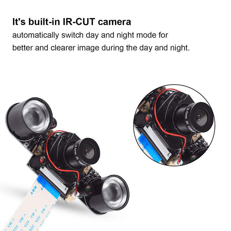  [AUSTRALIA] - DORHEA Raspberry Pi 4 Camera Module Automatic IR-Cut Sensor Day/Night Vision Video Webcam HD 5MP 1080P OV5647 Adjustable Focus with IR Sensor LED Light for Raspberry Pi 3 B+ 4B 2 Model B/B+ / A/A+ module+led