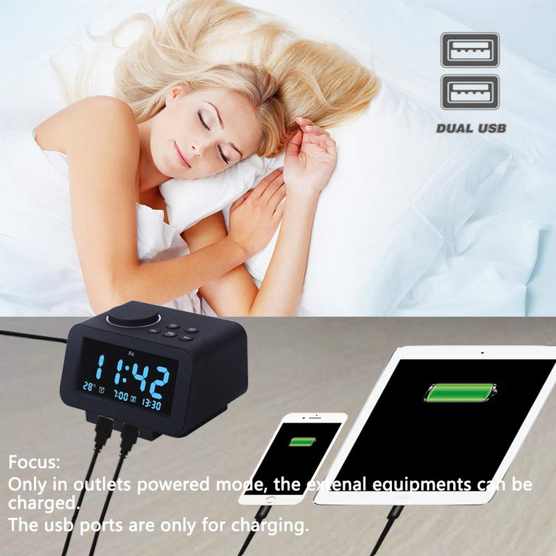  [AUSTRALIA] - 【Upgraded】 Digital Alarm Clock, FM Radio, Dual USB Charging Ports, Temperature Detect, Dual Alarms with 7 Alarm Sounds, Snooze, 6-Level Brightness Dimmer, Batteries Operated, for Bedroom, Sleep Timer