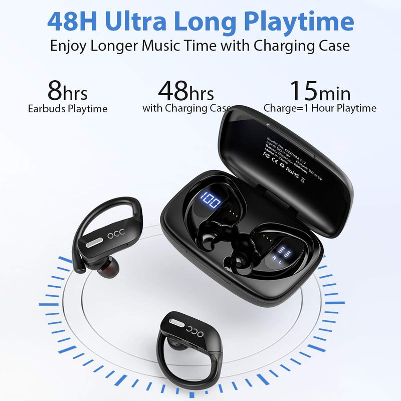  [AUSTRALIA] - Wireless Earbuds occiam Bluetooth Headphones 48H Play Back Earphones in Ear Waterproof with Microphone LED Display for Sports Running Workout Black