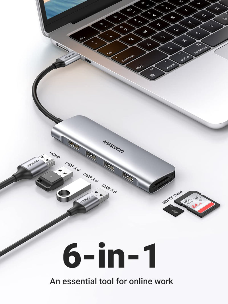  [AUSTRALIA] - UGREEN 6-in-1 USB-C Hub 4K HDMI, 3 USB 3.0 Ports, SD/TF Card Reader, USB C Dongle Compatible with MacBook Pro, MacBook Air, iPad, Mac Mini 2023 and More Type C Devices Silver