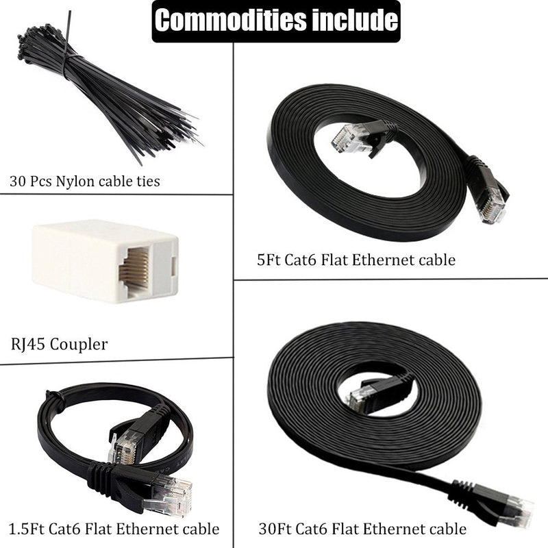  [AUSTRALIA] - Ethernet Cable Cat6 Internet Network Cable Flat,Ethernet Patch Cables Short,Computer LAN Cable (30Ft+5Ft+1.5Ft - Black)