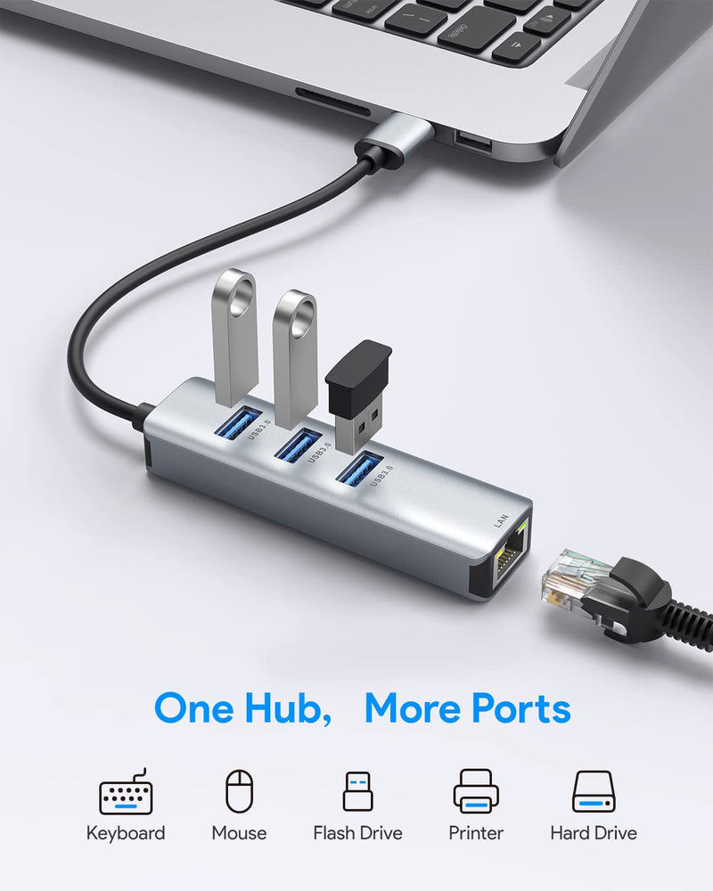  [AUSTRALIA] - USB 3.0 to Ethernet Adapter,ABLEWE 3-Port USB 3.0 Hub with RJ45 10/100/1000 Gigabit Ethernet Adapter Support Windows 10,8.1,Mac OS, Surface Pro,Linux,Chromebook and More Grey