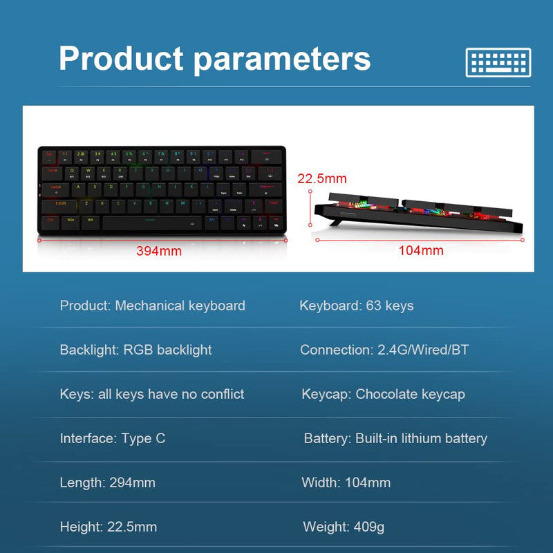  [AUSTRALIA] - Redragon K624 60% Low Profile Slim Mechanical Gaming Keyboard Wired/Wireless 2.4G and Bluetooth hot swappable Slient Red Switches Backlit RGB with White Black 2 Sets of Keycap