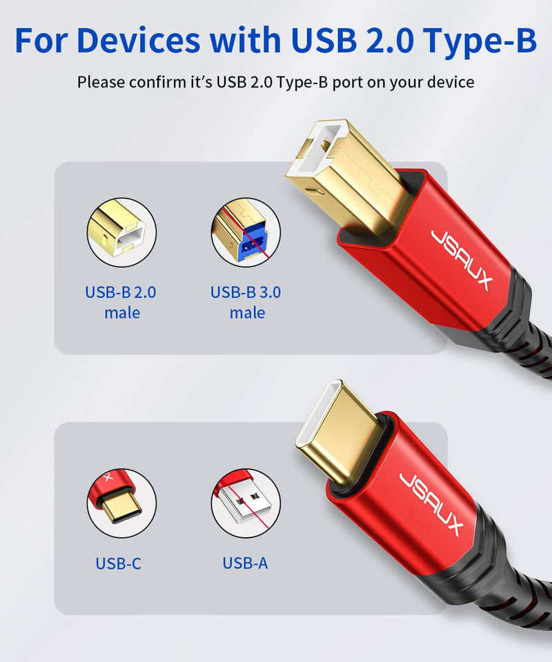  [AUSTRALIA] - JSAUX USB B to USB C Printer Cable 10ft, USB C to USB B Printer Cable Nylon Braided, USB C MIDI Cable Compatible for MacBook Pro, HP, Epson, Canon, Brother, Lexmark, Xerox Printers and Scanner-Red red