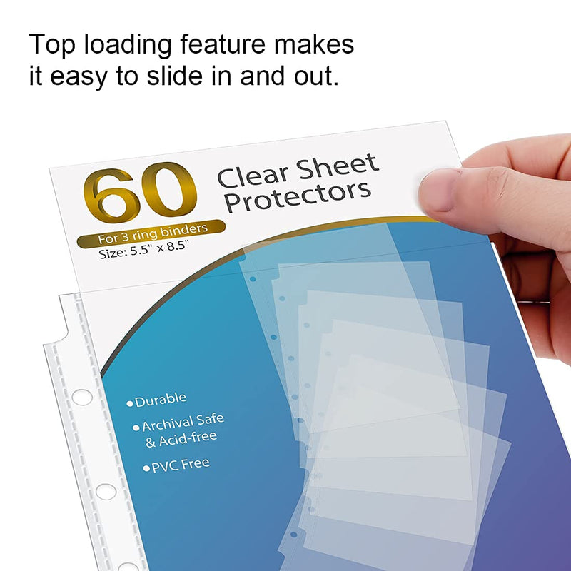  [AUSTRALIA] - KTRIO Heavyweight Sheet Protectors for Mini 3 Ring Binder Clear Page Protector, 5.5 x 8.5 inch Plastic Sleeves for Small Binders, Paper Protector 7 Hole Top Loading, 60 Pack