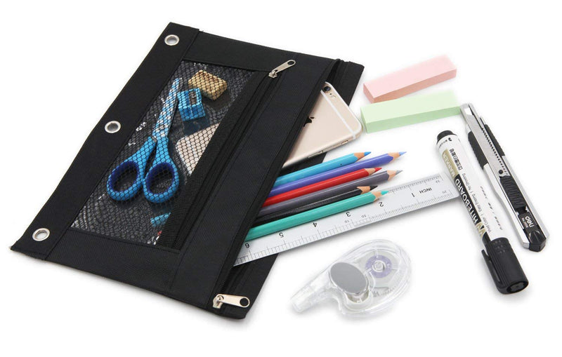  [AUSTRALIA] - 3 Ring Binder Pencil Pouch, 2 Pack Pencil Pouch with Zipper-Pencil Case with Double Pocket and Mesh Window (Black/Blue)