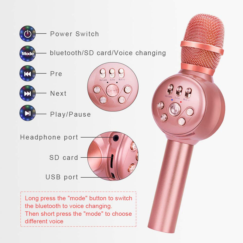 BONAOK Bluetooth Wireless Karaoke Microphone with Dynamic LED Light, Portable Handheld Magic Sound Karaoke Mic Home Party Birthday(Rose Gold) Rose Gold - LeoForward Australia