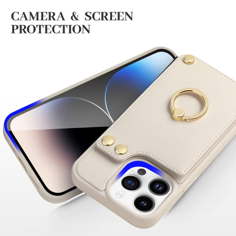  [AUSTRALIA] - LAMEEKU Compatible with iPhone 14 Pro Wallet Case 6.1'', Leather Case with Card Holder, 360°Rotation Ring Stand, RFID Blocking Snap Button Protective Case Designed for Apple iPhone 14 Pro Beige (2022)