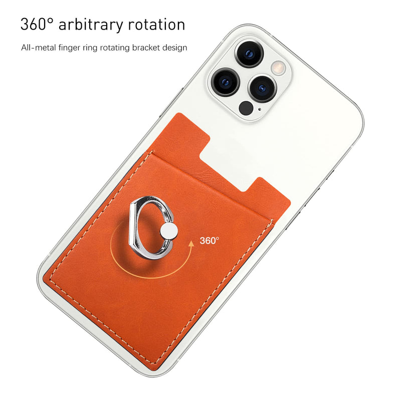  [AUSTRALIA] - Phone Card Holder with Phone Ring, Ring Wallets Combine a Finger Grip, Phone Ring Stand & Credit Card Sleeve into Thin Phone Wallets Stick On Universal to Any Cell Phone - Orange Leather