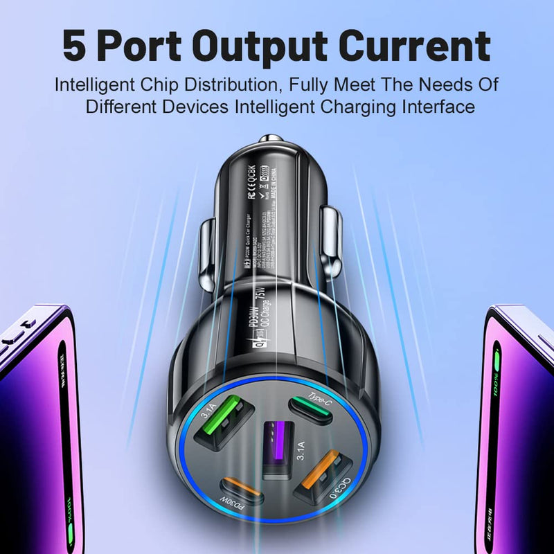  [AUSTRALIA] - 75W USB C Car Charger, PD30W &QC3.0 Fast Charging Car Charger Adapter, 5 Multi Port Type C Cigarette Lighter USB Charger, Car Phone Charger for iPhone/Android/Samsung Galaxy S10 S9 Plus (Black) Black