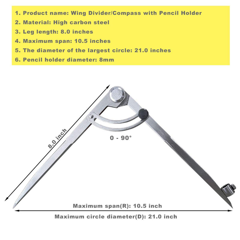 ZLKSKER 6/8 / 10 inch Wing Compass with Pencil Holder, Leather Working Wing Divider, Caliper & Scribe Tool, for Woodworking Drawing & Drafting (8 inch) 8 inch - LeoForward Australia