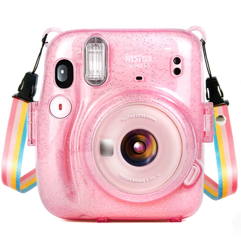  [AUSTRALIA] - Wolven Crystal Camera Case w Adjustable Rainbow Shoulder Strap Compatible with Fujifilm Mini 11 Camera, (CPink) CPink