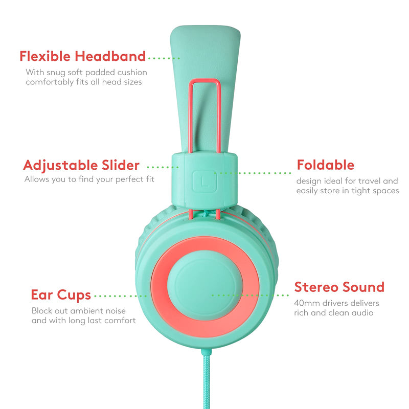  [AUSTRALIA] - Nilogie A21 Kids Headphones for School/PC/Cellphone/Airplane Travel with 3.5mm Jack Children Boys Girls Foldable Wired On-Ear Headset (Mint Coral) Mint Coral