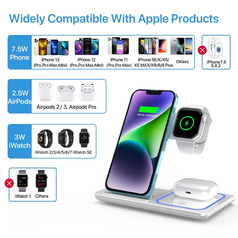  [AUSTRALIA] - Wireless Charger,MILDILY 3 in 1 Wireless Charging Station for Apple iPhone/iWatch/Airpods, iPhone 14,13,12,11 (Pro, Pro Max)/XS Max/XR/XS/X/8(Plus), iWatch 7/6/SE/5/4/3/2,AirPods 3/2/pro(White white