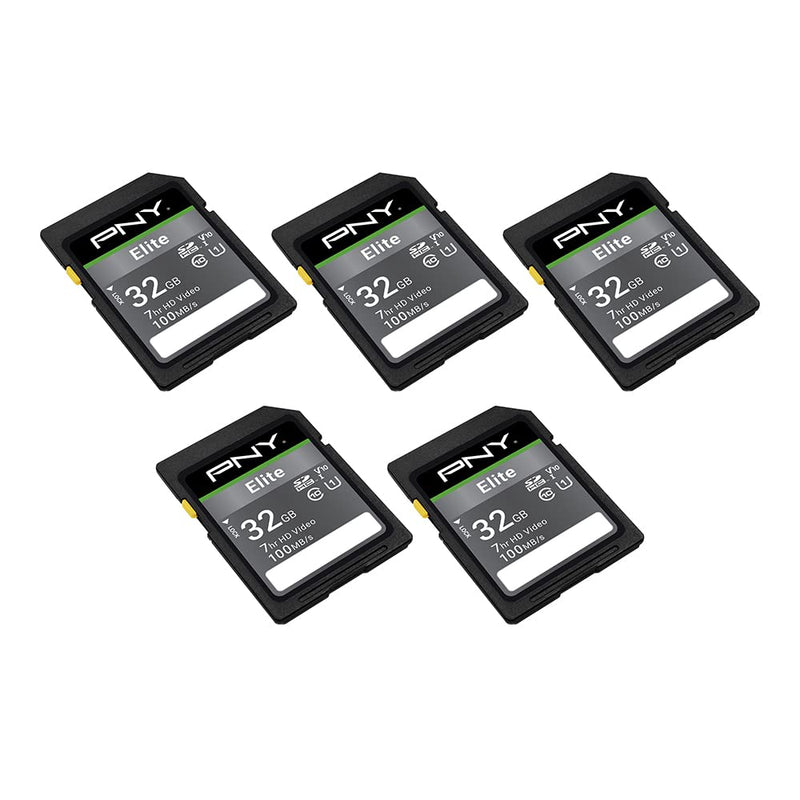  [AUSTRALIA] - PNY 32GB Elite Class 10 U1 V10 SDHC Flash Memory Card 5-Pack - 100MB/s Read, Class 10, U1, V10, Full HD, UHS-I, Full Size SD