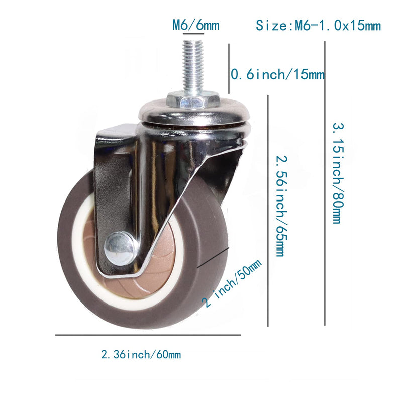  [AUSTRALIA] - Stem Casters, 360 Degree Swivel Stem TPR Wheels with Metric M6-1.0x15mm Thread Rods Replacement Industrial Castors for Carts, Furniture, Dolly, Workbench (2.0 inch Without Brakes) 2.0 inch without brakes