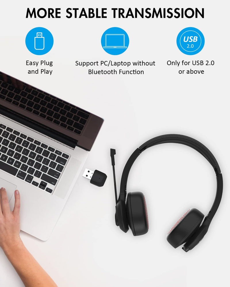  [AUSTRALIA] - Bluetooth Headset V5.0 Stereo Wireless On-Ear Headphones with Microphone Flip-up to Mute & USB Dongle, 22+Hrs Talktime Bluetooth/Wired Office Headset for PC/Laptop/Computer/Cell Phone With USB Dongle