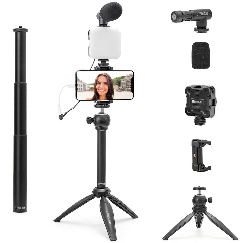  [AUSTRALIA] - BESSDOMM Smartphone Vlogging Kit for iPhone13ProMax,YouTube Starter Kit w/Phone Tripod Phone Microphone LED Light Extension Pole,Content Creator Video Kit for Live-Streaming,YouTube,TikTok(BSK-3) BSK-3