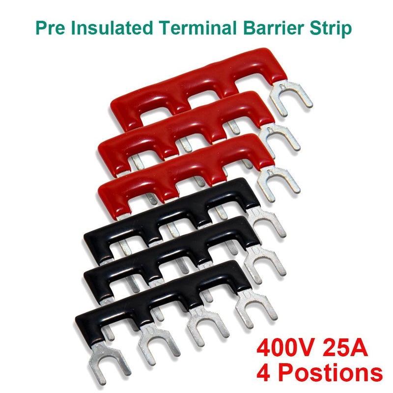  [AUSTRALIA] - MILAPEAK Terminal Block and Strip - 12pcs (6 Sets) 4 Positions Dual Row 600V 25A Screw Terminal Strip Blocks with Cover + 400V 25A 4 Positions Pre-Insulated Terminals Barrier Strip Black & Red 25A 4P+6pcs Jumpers