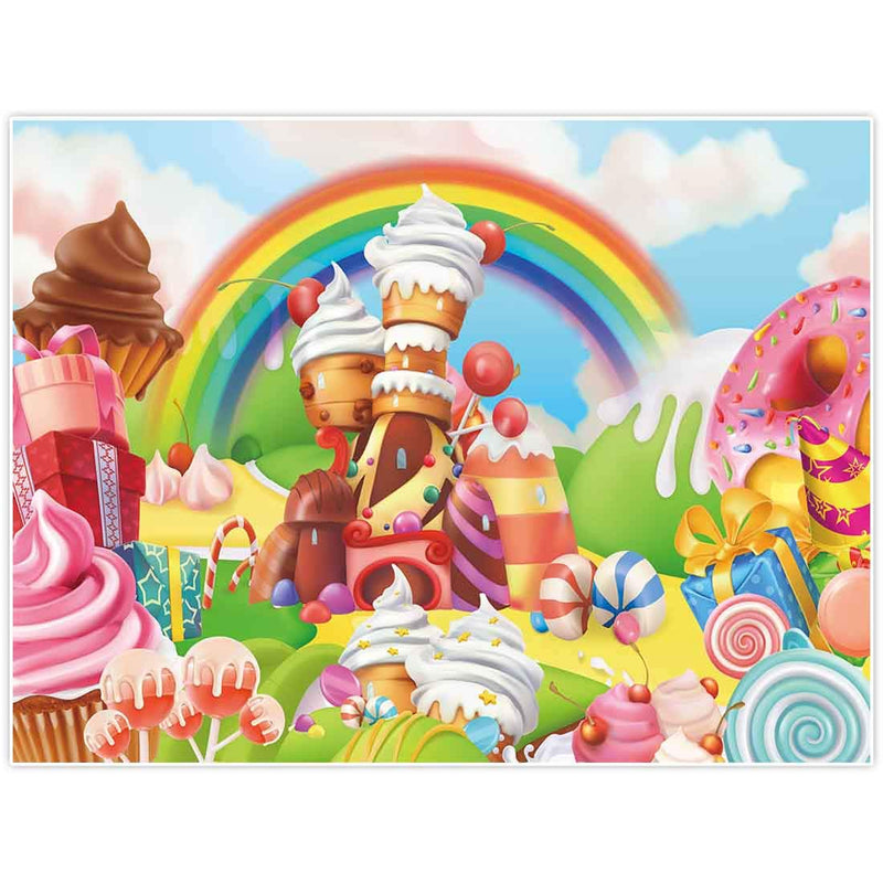  [AUSTRALIA] - Allenjoy 96" x 72" Lollipop Candyland Backdrop Sweet Cartoon Rainbow Party Supplies for Girl Princess 1st First Birthday Decoration Photography Cupcake Icecream Donut Candy Photo Booth Background Prop