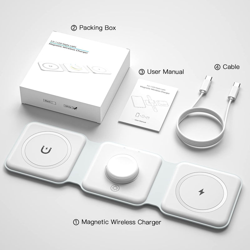  [AUSTRALIA] - 3 in 1 Foldable Wireless Charger, ESSAGER Magnetic Charging Station, Wireless Fast Charging Pad, Compatible with iPhone 14/13/12, Airpods 3/2/Pro, iWatch(Three Pad for Phone&iWatch&Airpods) White - Phone&iWatch&Airpods