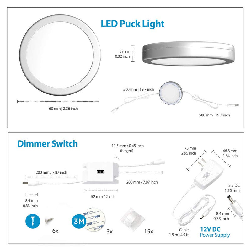  [AUSTRALIA] - EShine Under Cabinet Puck Lights with Hand Wave Sensor – Circular LED Cabinet Lights – Dimmable – Pack of 3, Cool White (6000K) Cool White (6000k) 3 pack