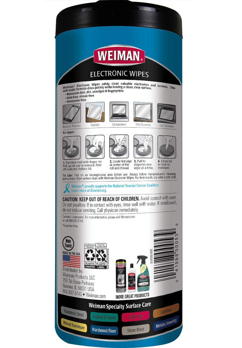  [AUSTRALIA] - Weiman Anti-Static E-Tronic Electronic Cleaning Wipes For LCD Screens, Computers, TVs, Tablets, E-readers, Smart Phones, Netbooks, and Touchscreens (30 Wipes)