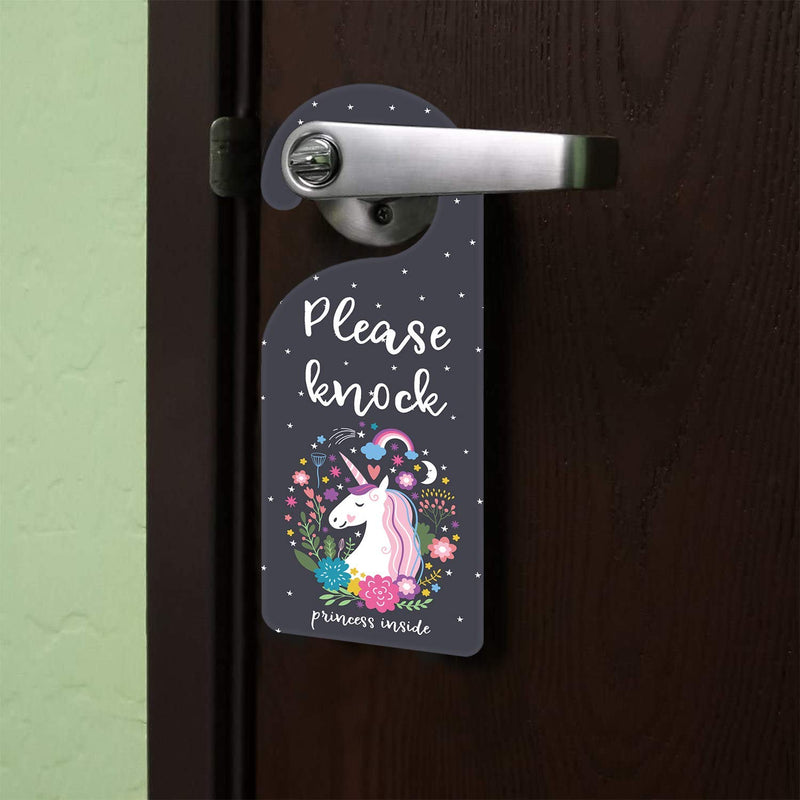  [AUSTRALIA] - Please Knock Princess Inside Wooden Door Knob Hanger Sign for Kids' Room,Playing Room,Home, Girl's Room 9"3.54" Unicorn with Flowers and Stars Decoration