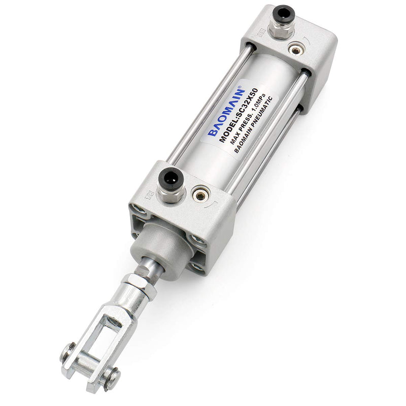  [AUSTRALIA] - Baomain Pneumatic Air Cylinder SC 32 x 50 Bore 32mm(1.25") Stroke 50mm(2") Single Thread Piston Rod Dual Action with a Y-Component & 2Fittings