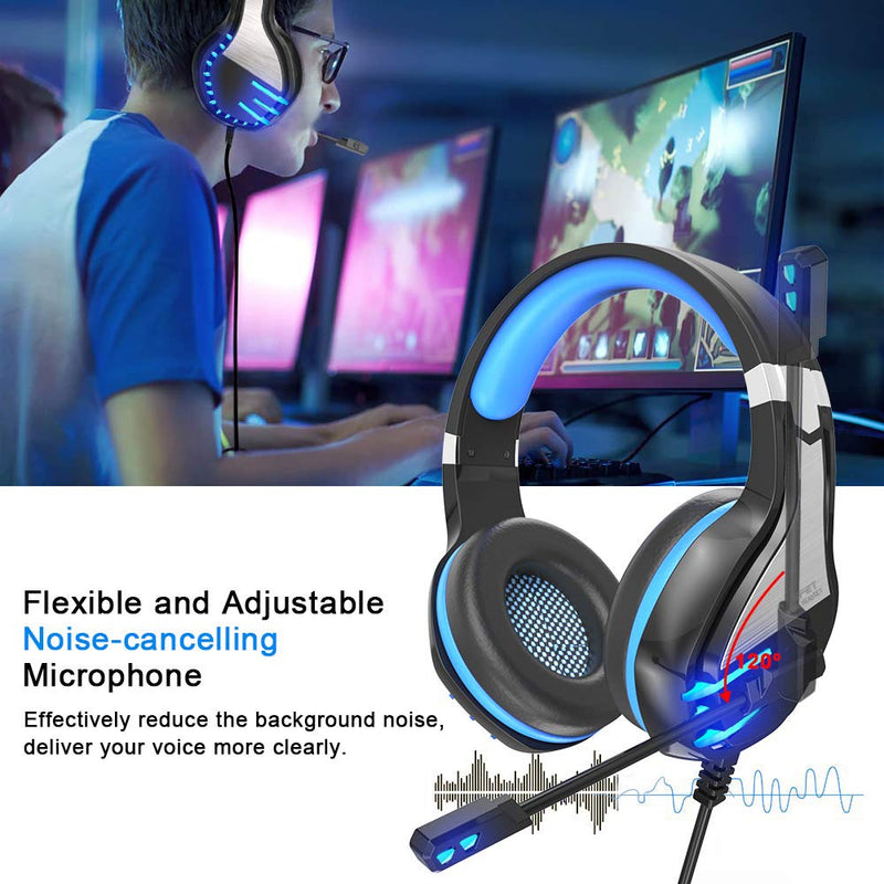  [AUSTRALIA] - NPET HS10 Stereo Gaming Headset for PS4, PC, Xbox One Controller, Noise Cancelling Over-Ear Headphones with Mic, Soft Memory Earmuffs, LED Backlit, Volume Control, Blue
