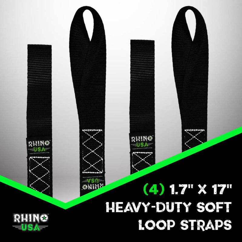  [AUSTRALIA] - RHINO USA Soft Loops Motorcycle Tie Down Straps (4pk) - 10,427lb Max Break Strength 1.7” x 17” Heavy Duty Tie Downs for use with Ratchet Strap - Secure Trailering of Motorcycles, Kayak, Jeep, ATV, UTV Black Ice