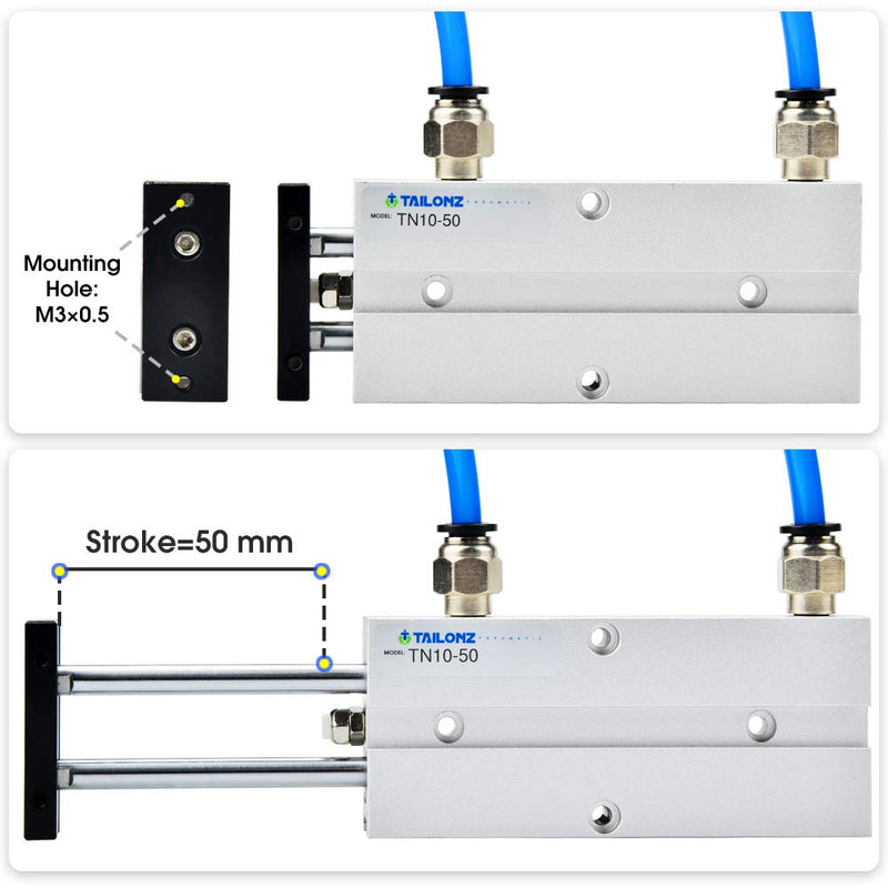 Tailonz Pneumatic 10mm Bore 50mm Stroke Double-Rod Double-Acting Aluminum Pneumatic Air Cylinder TN10-50 Bore:10mm Stroke:50MM - LeoForward Australia