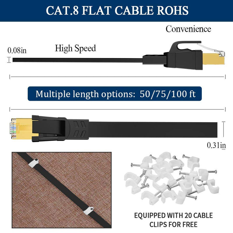  [AUSTRALIA] - Cat 8 Ethernet Cable 50 ft, High Speed Flat Network Cable Shielded, DEEGO 40Gbps 2000MHz LAN Ethernet Cable U/FTP 30AWG with Gold Plated RJ45 Connector for Gaming, Router, Modem, PC, PS4, PS5 Black