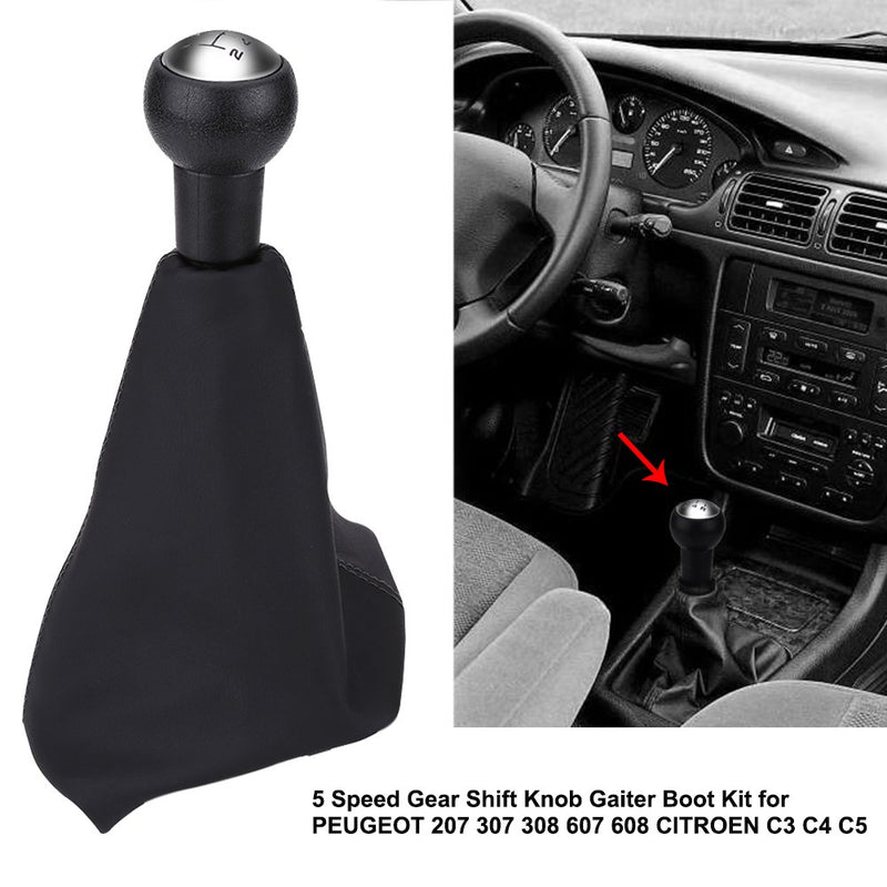  [AUSTRALIA] - Keenso 5 Speed Car Gear Shift Stick Knob Gearstick Gaiter Boot Kit - Gear Shift Boot and Car Shift Knob Gaiter Black Leather for PEUGEOT 307 308 607 608 CITROEN C3 C5