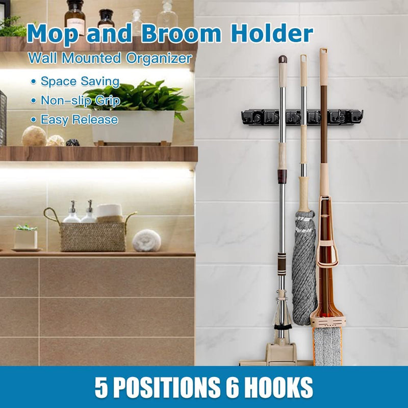  [AUSTRALIA] - ibell Pack of 2 broom holder wall, device holder wall mount with 10 holders and 12 hooks, broom holder tool holder garden tool holder organizer for home kitchen bathroom garage garden black