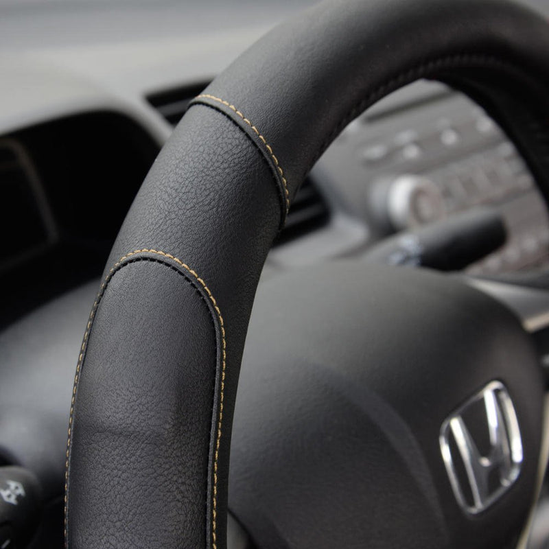  [AUSTRALIA] - Motor Trend GripDrive Pro Synthetic Comfort Leather Grip Steering Wheel Cover for Cars Trucks Vans SUVs (Black / Beige Accent Stitching) (Small Size 13.5 - 14.5 Inch) Black / Beige Accent Stitching Small (13.5 - 14.5")