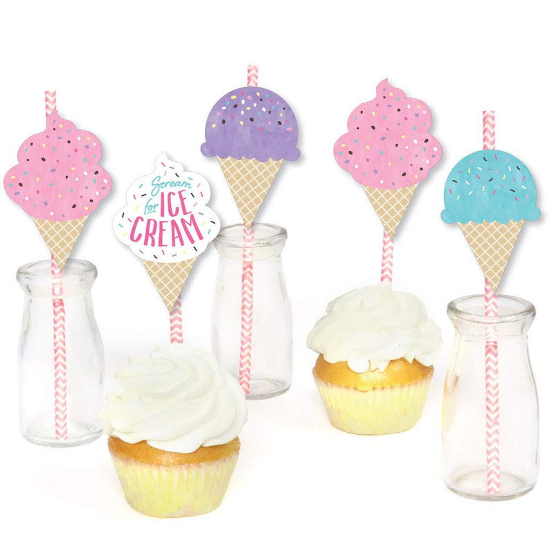  [AUSTRALIA] - Big Dot of Happiness Scoop Up the Fun - Ice Cream - Paper Straw Decor - Sprinkles Party Striped Decorative Straws - Set of 24