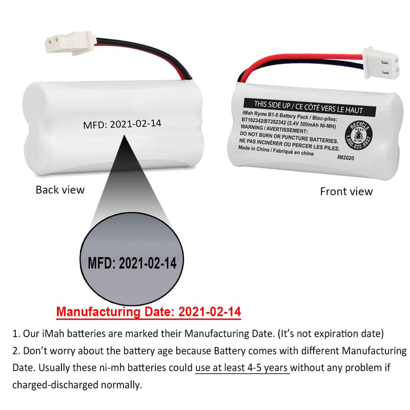  [AUSTRALIA] - iMah BT162342/BT262342 2.4V 300mAh Ni-MH Cordless Phone Battery Pack, Also Compatible with BT183342/BT283342 AT&T EL52351 TL90070 VTech CS5119 DS6511 DS6722 LS6305 Handset, 4-Pack