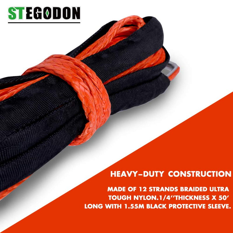  [AUSTRALIA] - STEGODON 1/4’’ x 50ft Synthetic Winch Rope 10,000lbs Winch Line Cable with Black Protecting Sleeve for ATV UTV Boat Ramsey Synthetic Winch Rope(Orange)