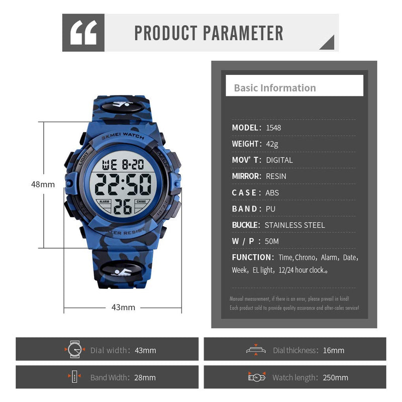 Boys Watch Digital Sports Waterproof Electronic Childrens Kids Watches Alarm Clock 12/24 H Stopwatch Calendar Boy Girl Wristwatch Blue Camo - LeoForward Australia