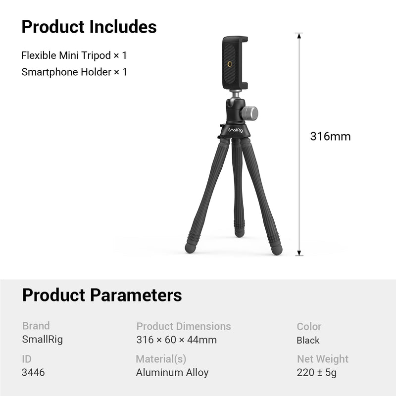  [AUSTRALIA] - SmallRig Flexible Phone Tripod, Portable Mini Travel Tripod for iPhone 13 Pro Max 12 11, with Phone Holder Cold Shoe Mount, Cell Phone Tripod Stand for iPhone Android Camera GoPro-3446 3446