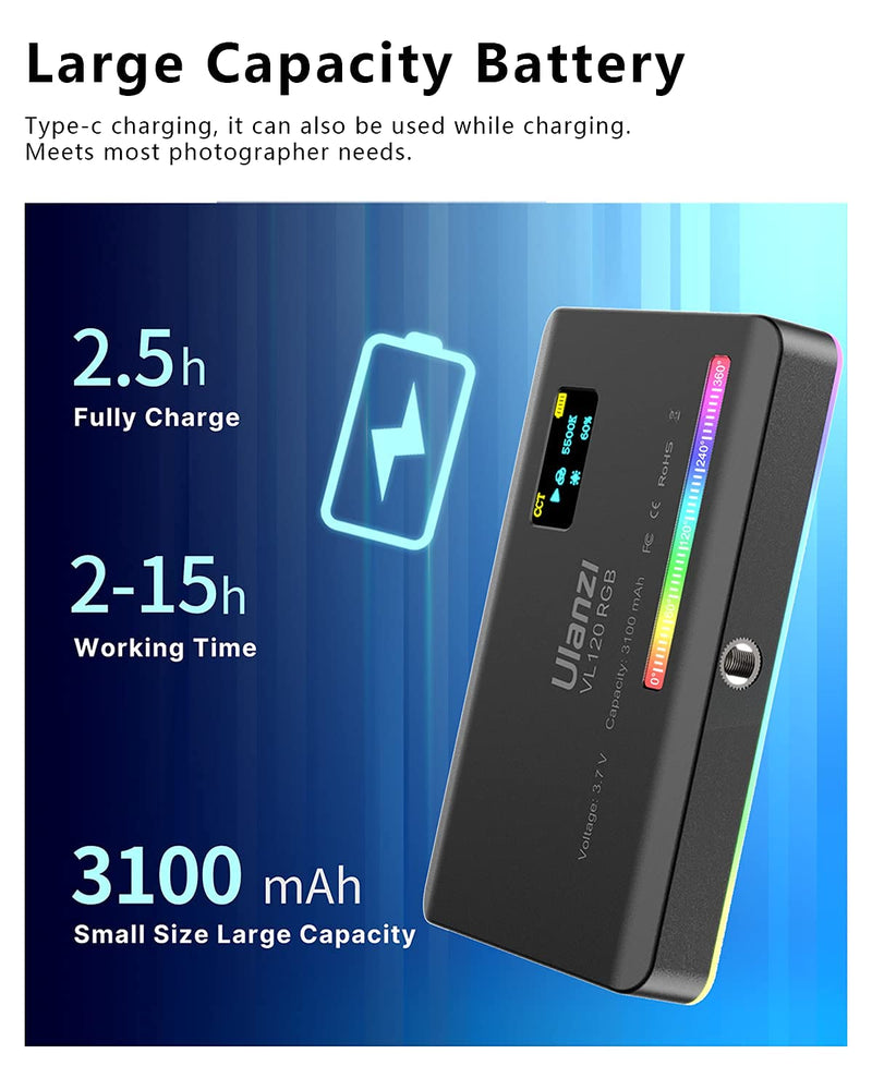  [AUSTRALIA] - ULANZI VL120 RGB Video Light, Portable RGB Camera Light, 3100mAh Battery, 360 Full Color 20 Light Effects, CRI≥95 2500-9000K LED Panel DSLR Photography Lighting, Lighting Setup for YouTube, TikTok 5" Video Light