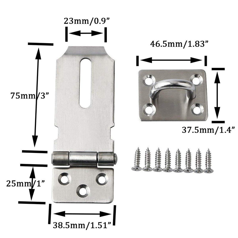  [AUSTRALIA] - 2Pcs Security Padlock Hasp, Safety Door Gate Bolt Lock Latches, Heavy Duty 304 Stainless Steel Brushed Nickel 3” Door Buckle with 16 Mounting Screws 3 inches