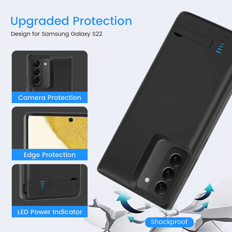  [AUSTRALIA] - Galaxy S22 Battery Case,4800mAh Rechargeable Battery Charging Case for Samsung Galaxy S22 5G 6.1",External Backup Battery Power Bank Charger Case Support Kickstand,Extended Your Battery Life Black