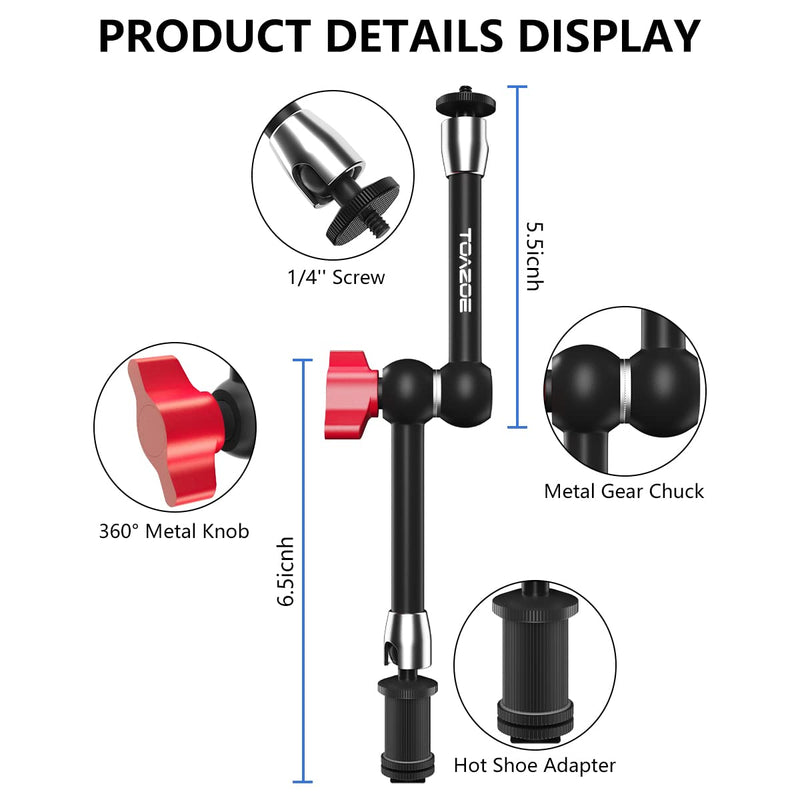  [AUSTRALIA] - TOAZOE 11 Inch Adjustable Articulating Friction Magic Arm with Both 1/4" Thread Screw Compatible with DSLR Camera, LCD Monitor, Fill Light Single Magic Arm