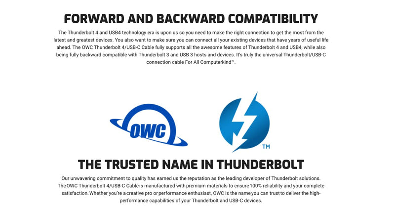  [AUSTRALIA] - OWC Thunderbolt 4 Cable, Thunderbolt Certified, 2.0 Meter (6.56 ft.), 40 Gb/s Data Transfer, 100W Power Charging, Compatible with Thunderbolt 4, Thunderbolt 3, USB-C, and USB4 Devices, Black 2.0M