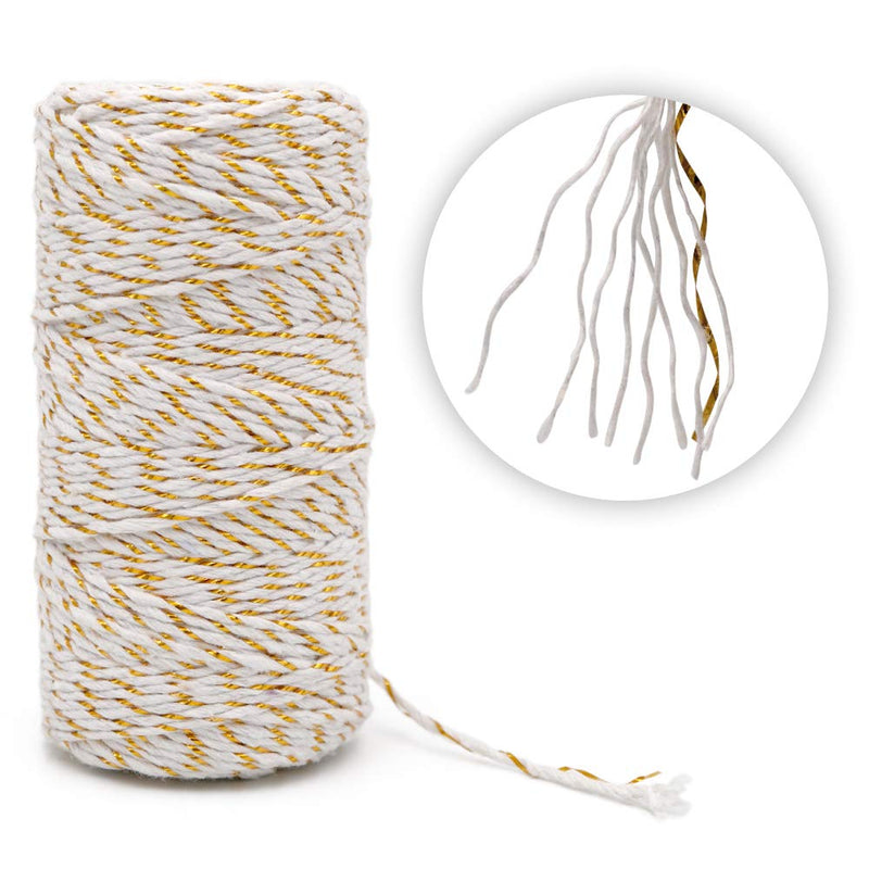  [AUSTRALIA] - Gold and White Twine,100M/328 Feet 2 mm Cotton Baker's Twine,Christmas String,Heavy Duty Packing String for DIY Crafts and Gift Wrapping 1 Pcs White & Gold